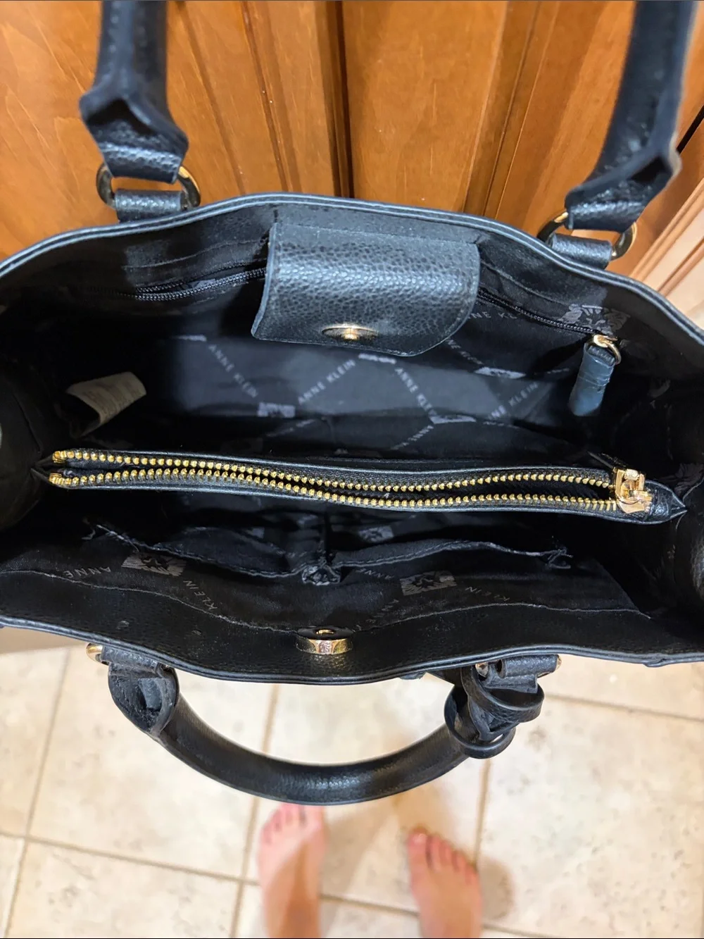Anne Klein Black Pebble Leather Satchel with Tassels and Gold Hardware